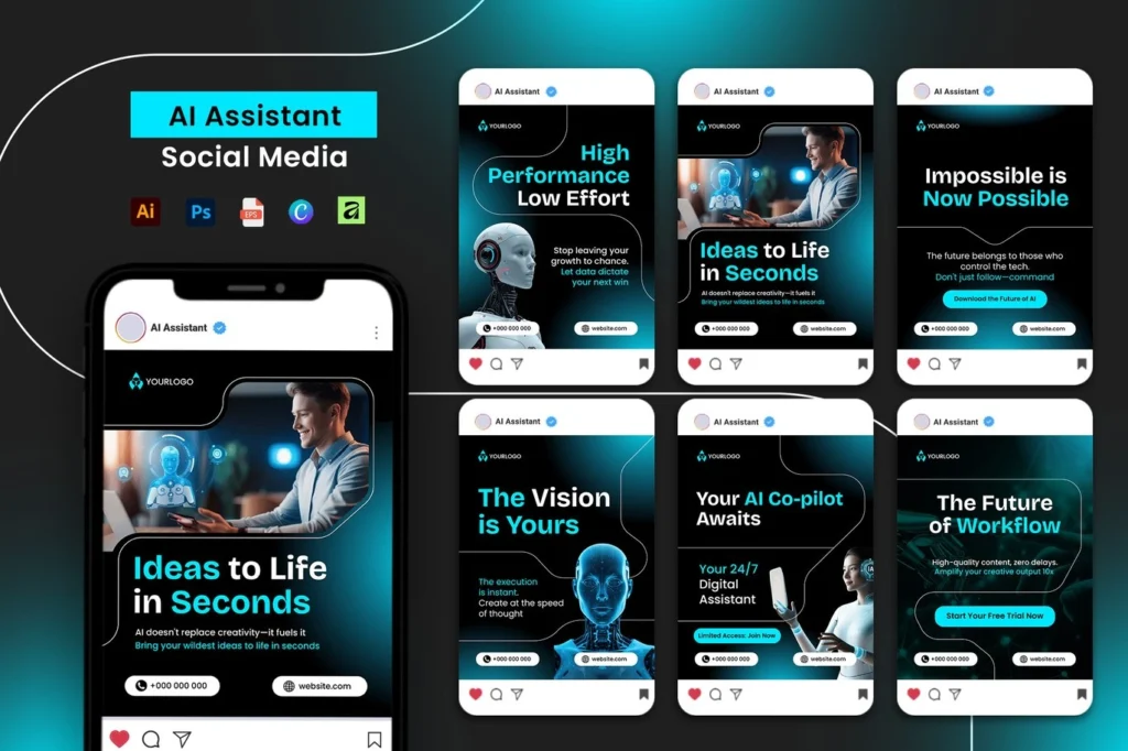 Blue Contrast AI Assistant instagram Carousel Post